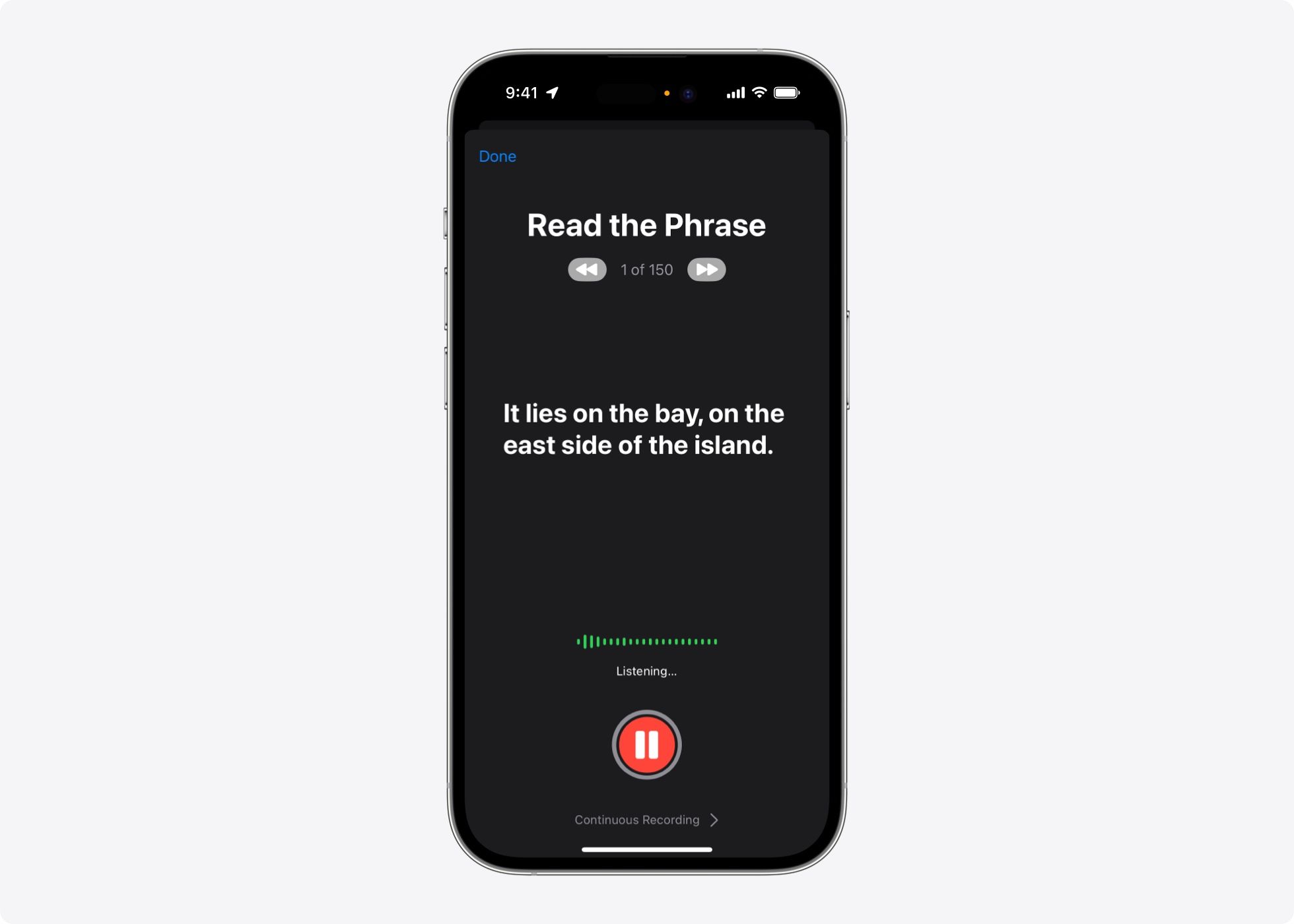 Figure 1: Personal voice feature in iOS17. Image B shows what a recording process looks like.