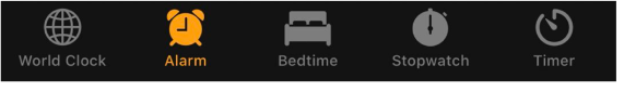 Tab Buttons Five labelled icons having one orange to indicate selection, and four grey to indicate non-selection