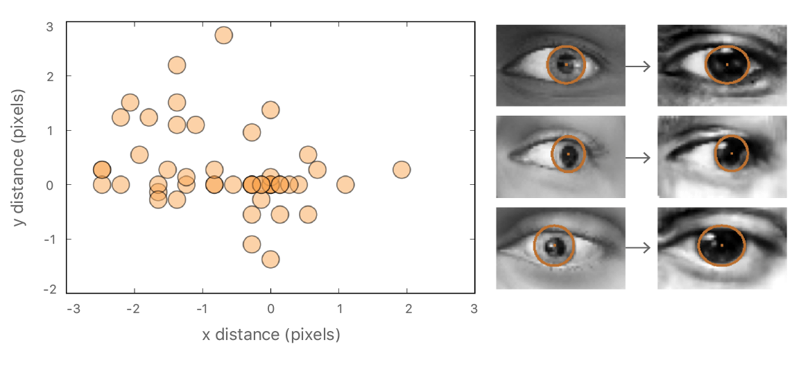 Shows a plot of the distances between pupil centers of synthetic and real images, distances in pixels. Also shows three pairs of eye images that visually depict the difference between pupil centers.