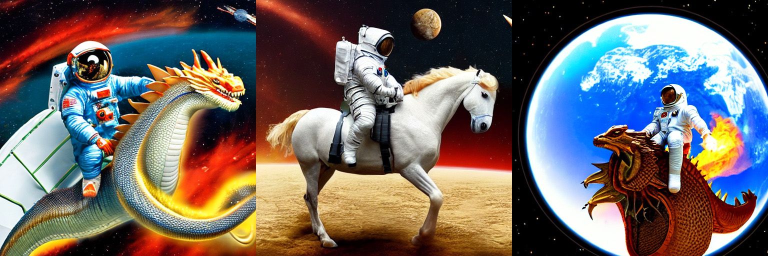 Figure 1: Images generated with the prompts, 'a high quality photo of an astronaut riding a (horse/dragon) in space' using Stable Diffusion and Core ML + diffusers running on-device on Apple Silicon.'